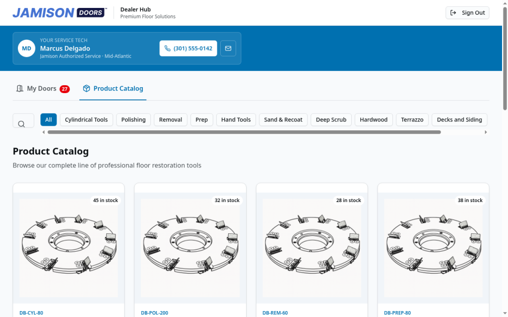 Jamison Dealer Hub, Product Catalog view on desktop