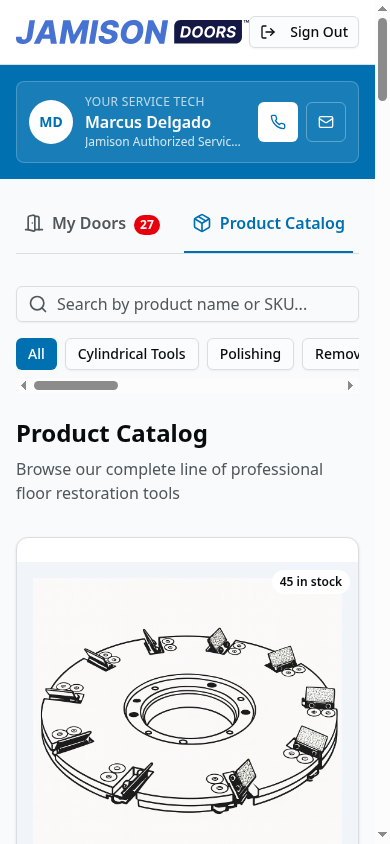 Jamison Dealer Hub, Product Catalog view on mobile
