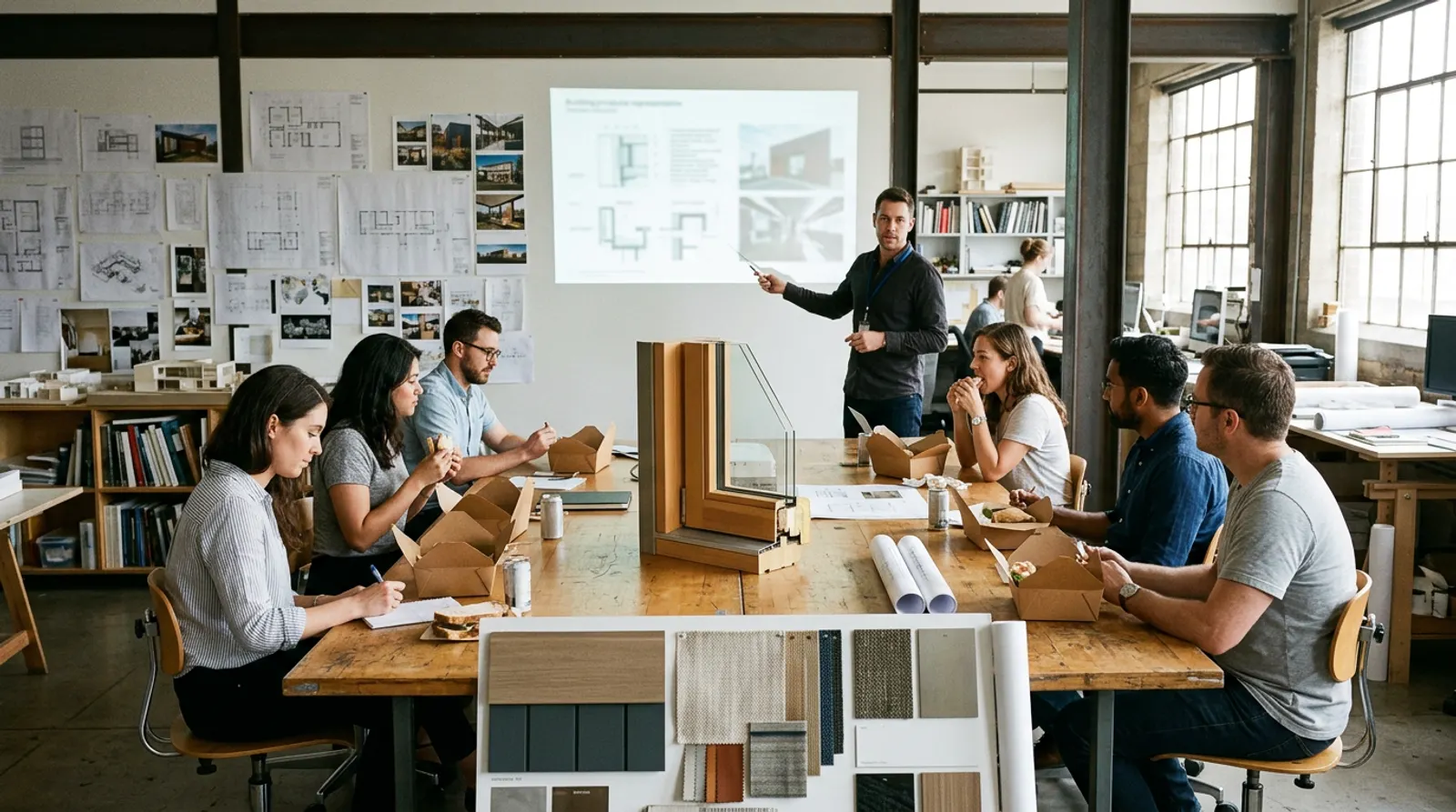 A building products representative presenting a lunch and learn to architects around a studio worktable with material samples